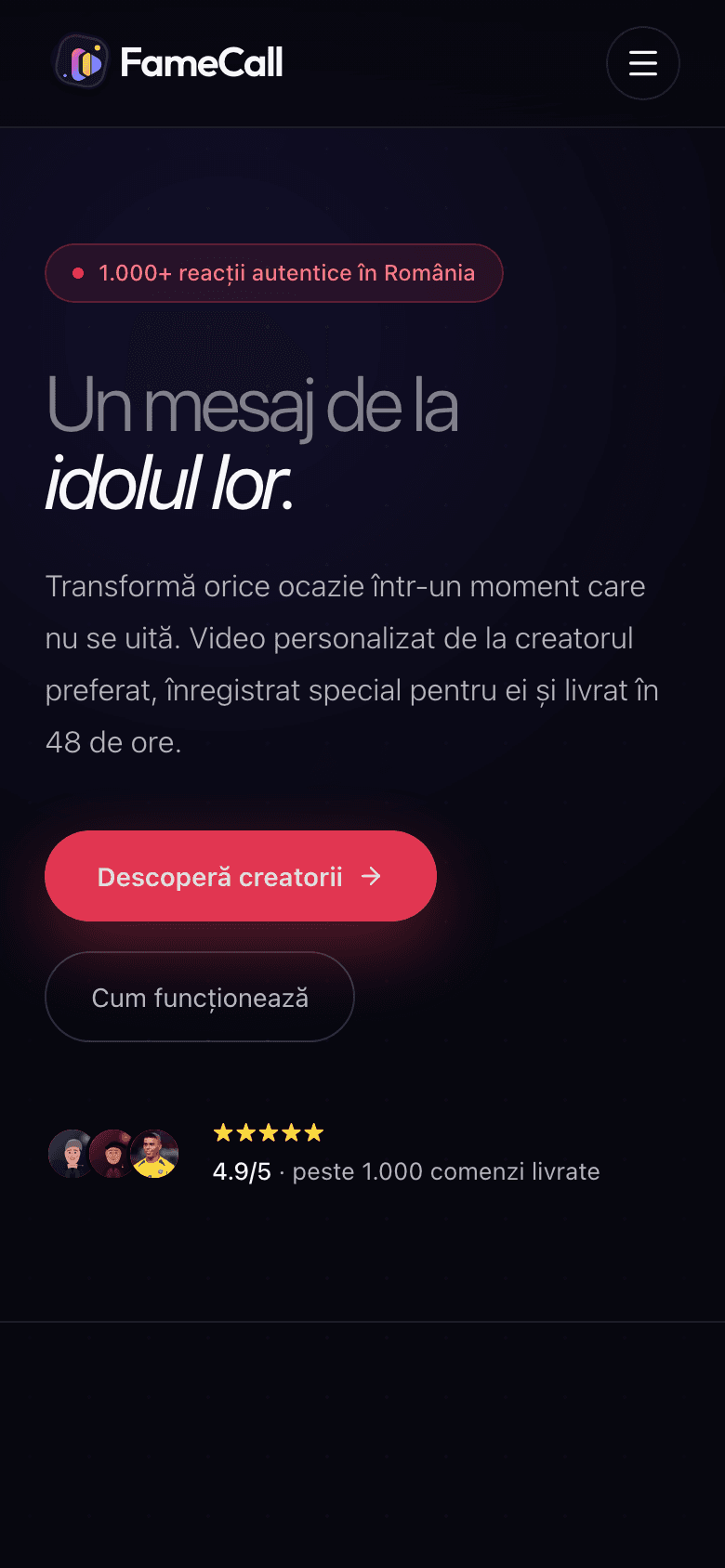 Preview mobil al platformei FameCall