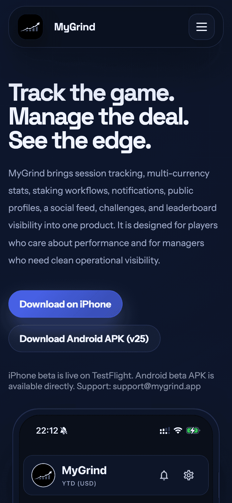 Preview mobil al aplicatiei MyGrind